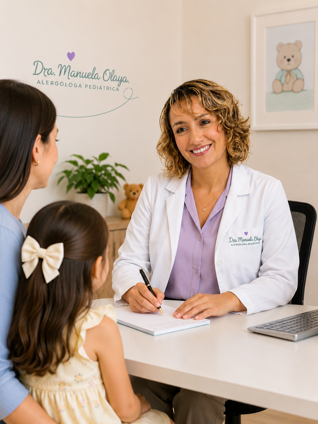 Dra. Manuela Olaya en consulta presencial con una paciente y su madre